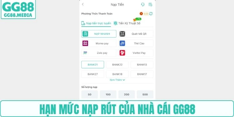 Hạn mức nạp rút của nhà cái GG88