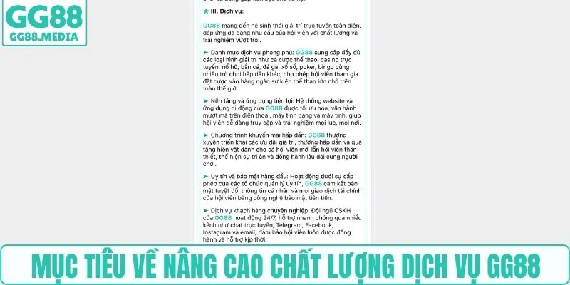 Mục tiêu về nâng cao chất lượng dịch vụ GG88